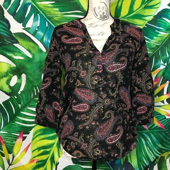 Y2K Lucky Brand Women's Small Black Pink Sheer Paisley Work Casual Office Blouse - Picture 3 of 10